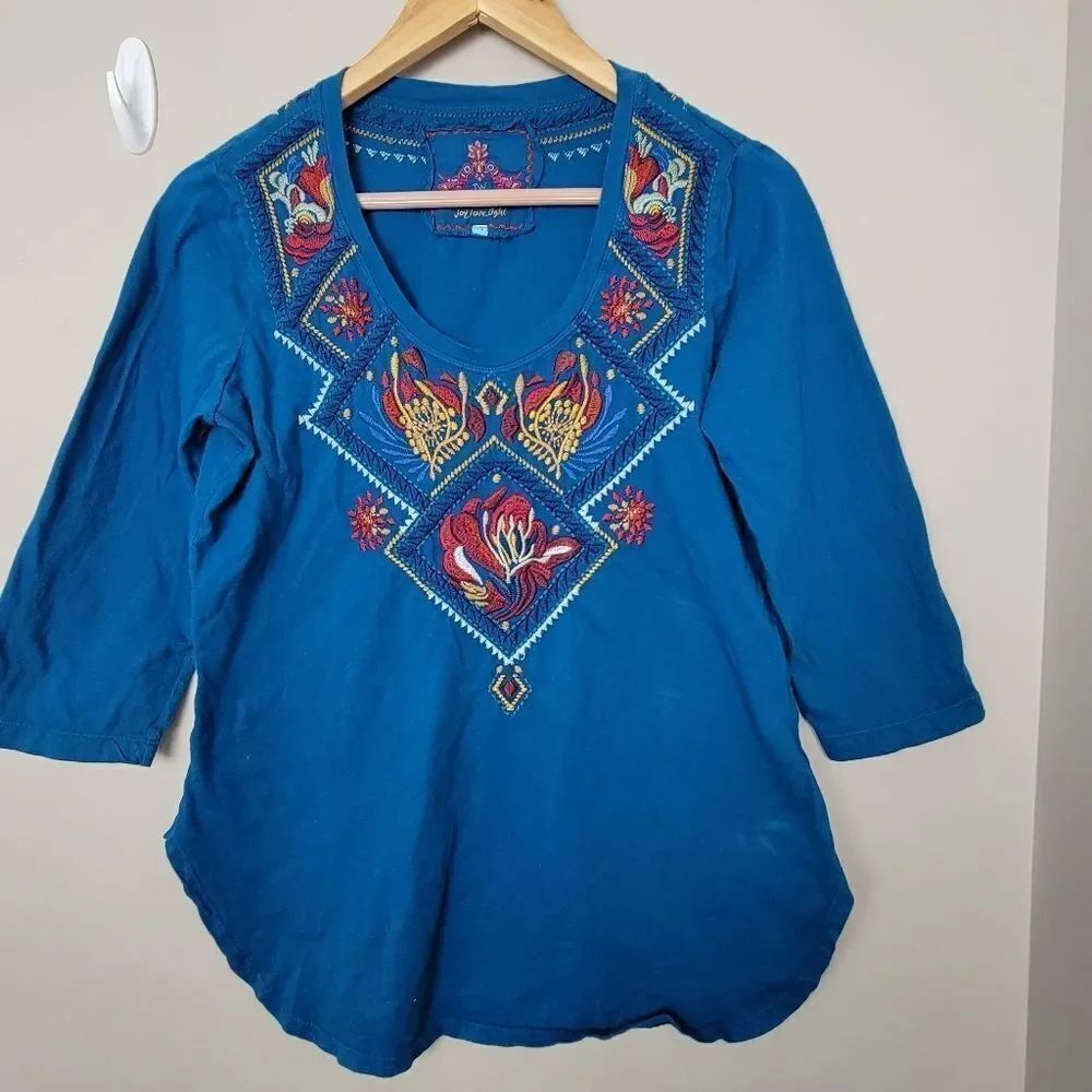 Johnny Was Embroidered Scoop Neck Cotton Blue  3/4 Sleeves Tunic  Tshirt Medium